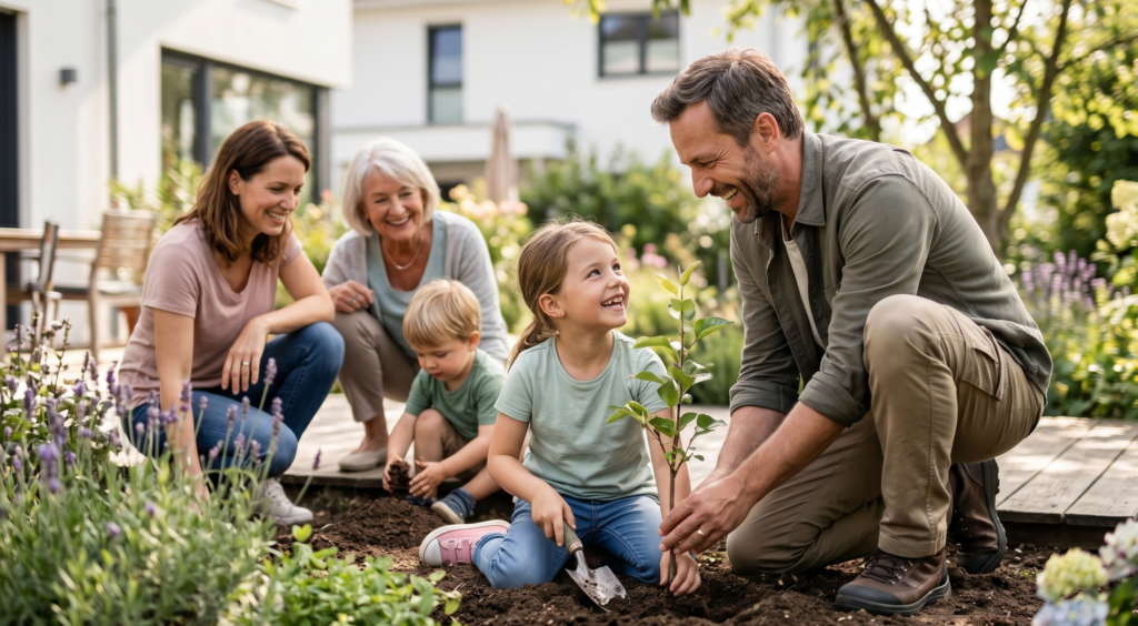 Eine glückliche Familie im Garten symbolisiert die langfristige Absicherung und Vorsorge durch das Experten-Netzwerk der Vorsorgehelden24.