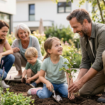 Eine glückliche Familie im Garten symbolisiert die langfristige Absicherung und Vorsorge durch das Experten-Netzwerk der Vorsorgehelden24.